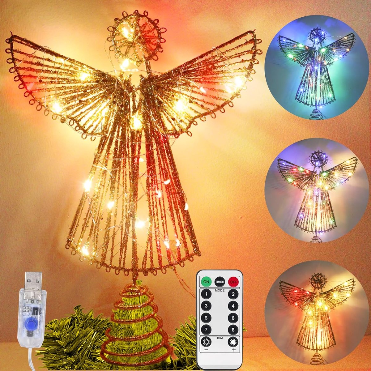 Christmas Tree Top Star, Christmas Tree Top Angel, Glitter Christmas Tree Star Top with LED Lights, Christmas Tree Top - ShopVlot