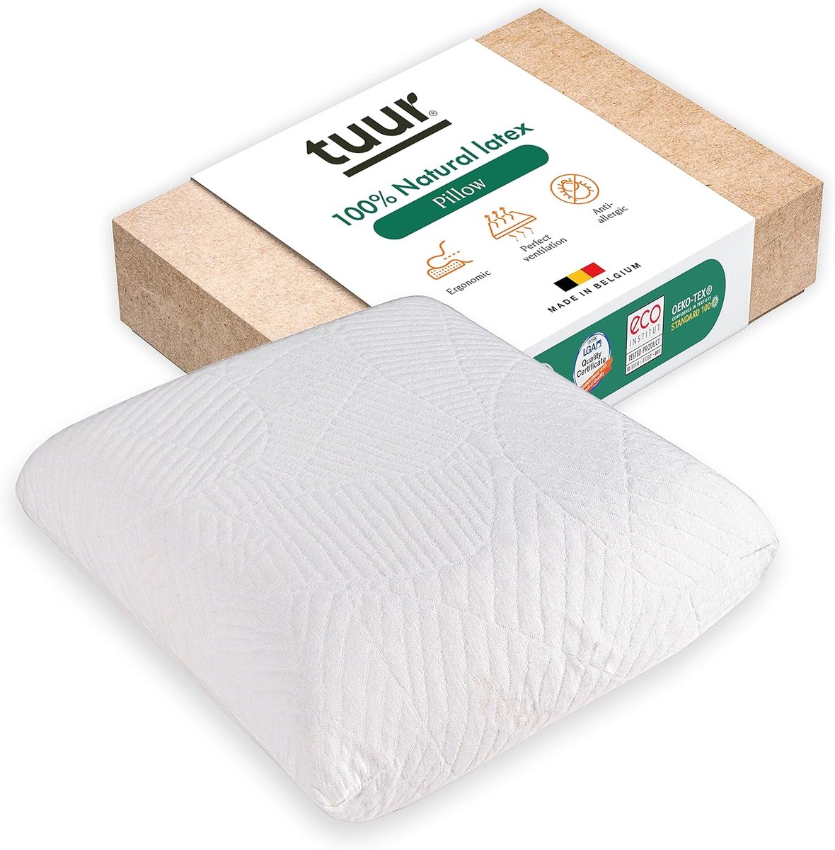 SnelShoppen - Tuur Ergonomisch Kussen 60x60 cm - 100% Natuurlijk Latex - Anti-Allergisch - Nek- en Rugondersteuning - Biokatoen en Viscose Hoes - Adem