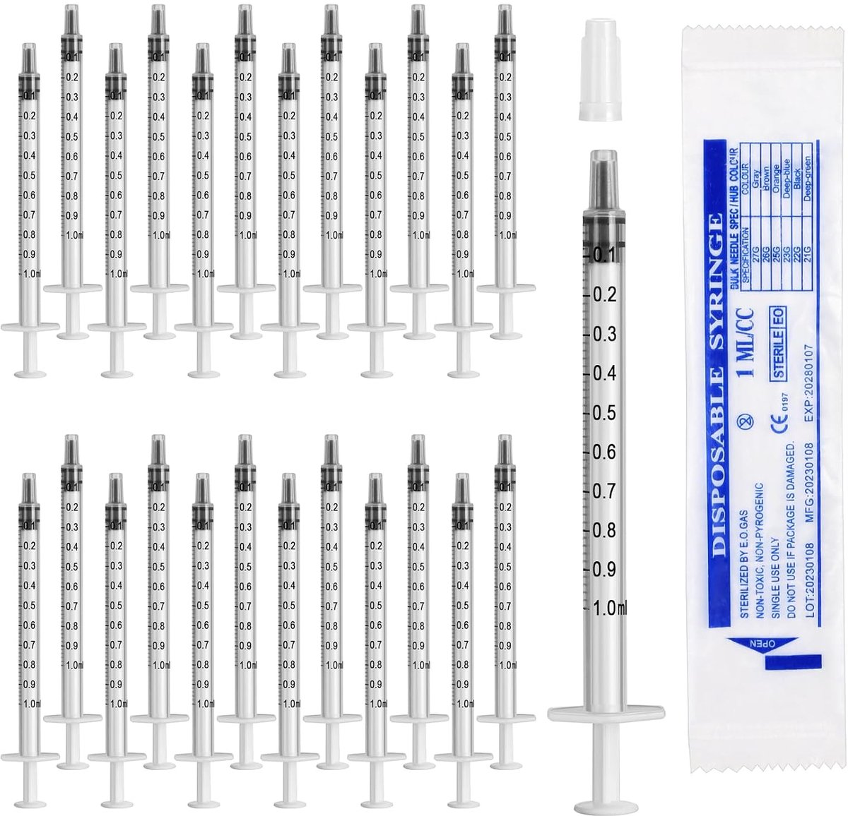 SnelShoppen - 24 Stuks 1ml Doseringspuit Kolostrum Spuit zonder Naald met Deksel voor Vloeistoffen, Laboratoria, Planten, Wit, Herbruikbaar