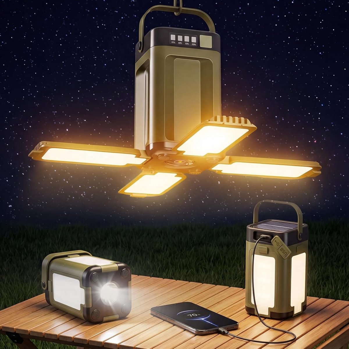 Oplaadbare Campinglamp - Multifunctioneel - 7 x 7 x 12 cm - Opvouwbaar en Waterdicht - Voor Kamperen en Noodgevallen