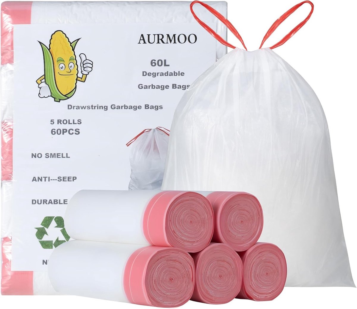 Vuilniszakken met Handvat - Biologisch Afbreekbaar - 60L - Met Trekkoord - Voor Huishoudelijk Afval