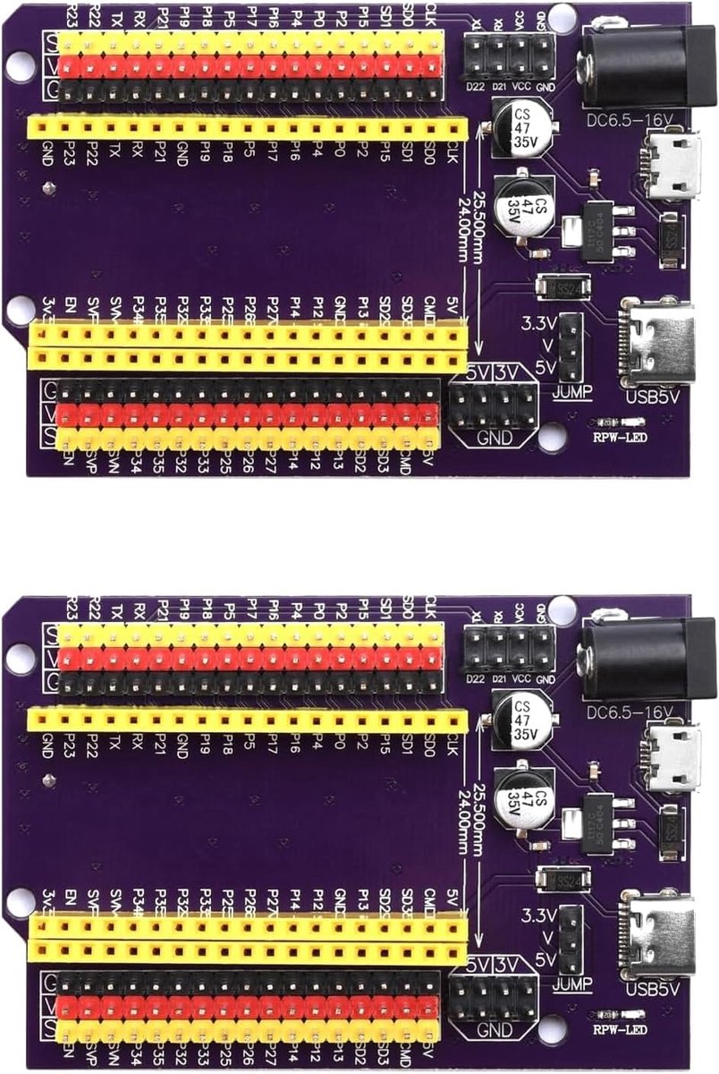 SnelShoppen - 2 Stuks 38-Pin ESP32 Breakout Board met 32 IO, ESP32 Expander voor Pin Afstand 25,5mm, Micro-USB, Type B en C, Handmatig Plaatsen, Compa