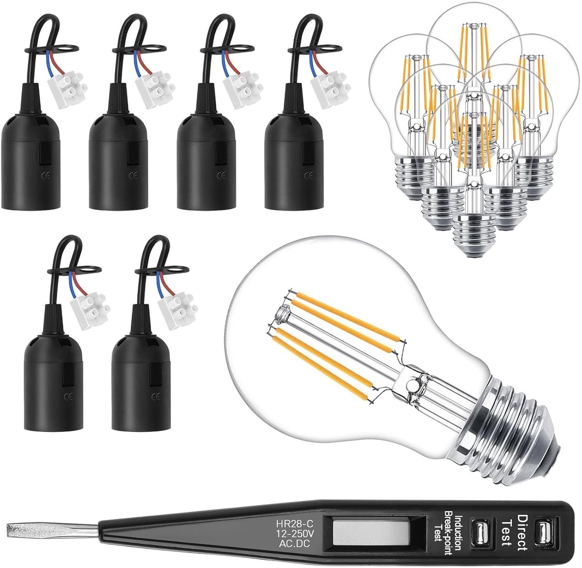E27 Socket, 6 Pieces, Renovation Fitting, Lamp Socket, Construction Site Fittings, E27 + VDE Voltage Tester, 6 Pieces - ShopVlot