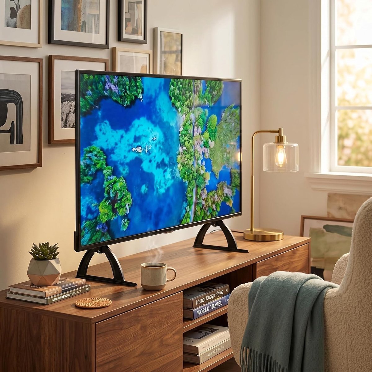 SnelShoppen - Stevige Zwarte Stalen Beugel voor Platte LED LCD TV, Dubbele Poot, Hoogte Verstelbaar, Binnen Driehoekige Basis (14"-42")