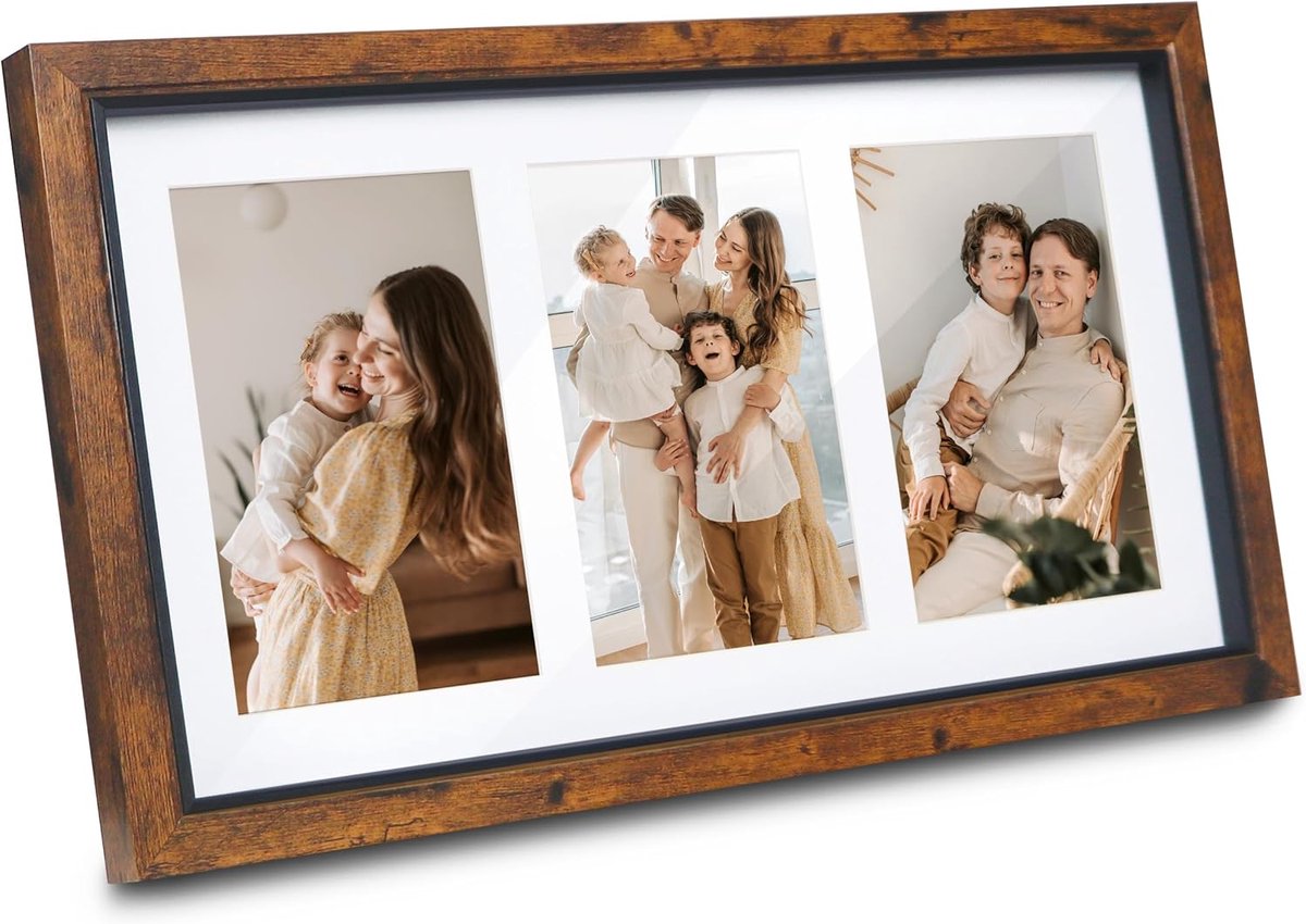 SnelShoppen - 10 x 15 Fotolijst voor 3 Foto's, Bruin, Collage Fotolijst voor Muurbevestiging en Tafelweergave, Houten MDF met Acryl