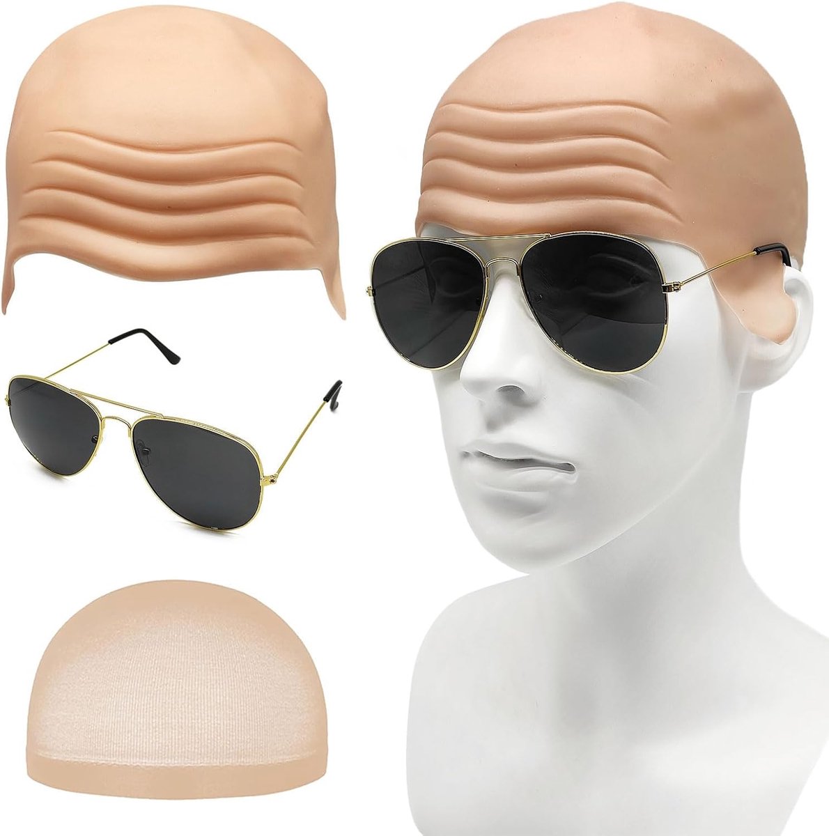 Bald head kostuumaccessoire - beige latex pruikkap - inclusief zonnebril - perfect voor Halloween - ShopVlot