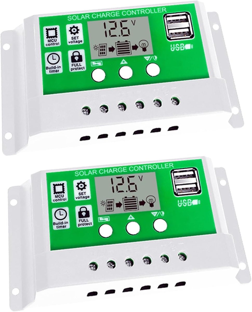 SnelShoppen - Solar Laadcontroller PWM 12V LCD Instelbaar voor Life-PO4, Gel en Lithium Accu, 2 USB Poorten, 30A Zonne-energie Converter voor Camping