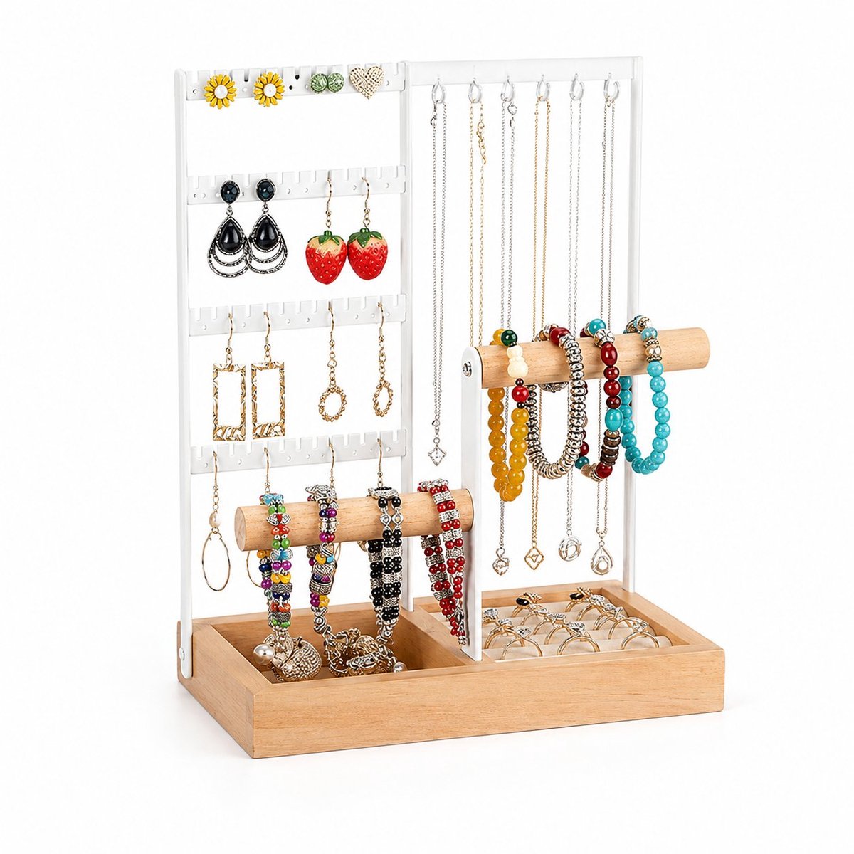 Arvion Meerlaagse Houten Sieradenhouder met Ringbasis - Organizer voor Halskettingen, Ringen en Armbanden - BS-2C