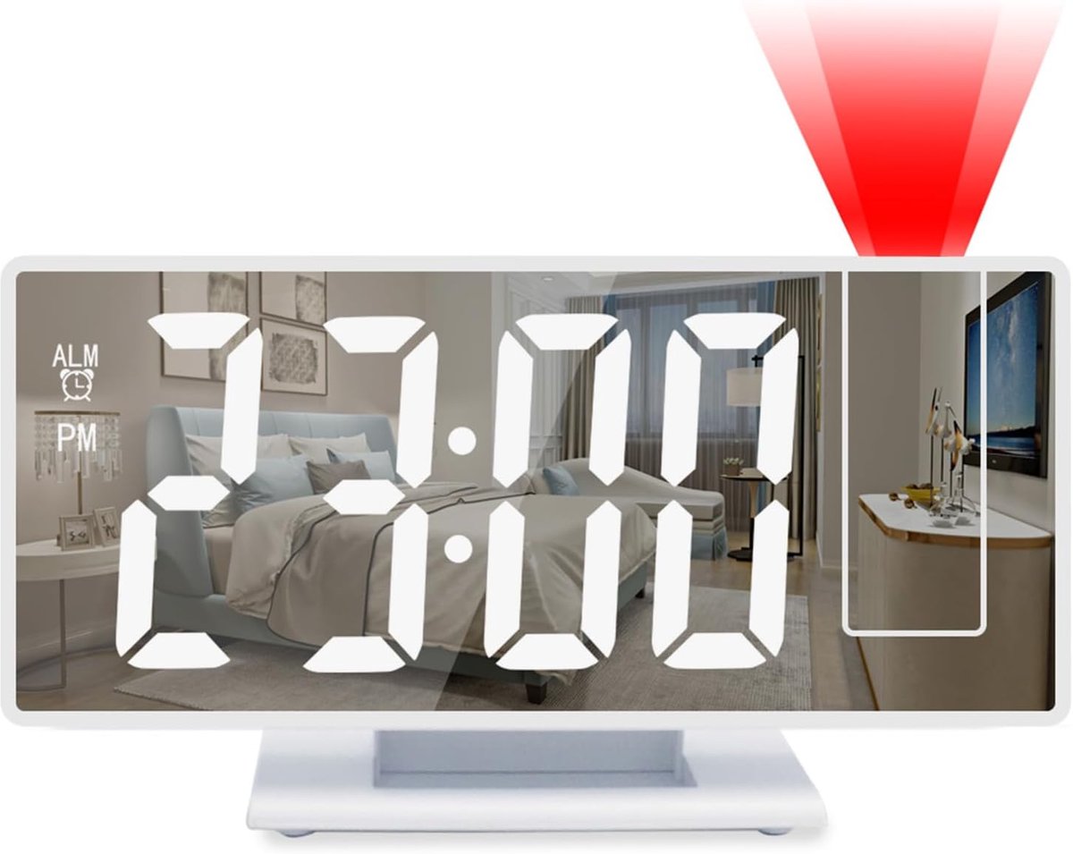 SnelShoppen - Digitale Alarmklok met Projector, 3-Fase Helderheid, Spiegelweergave, Kleine Bedklok voor Thuis, Nachtmodus, Snooze Functie, Ideaal voor