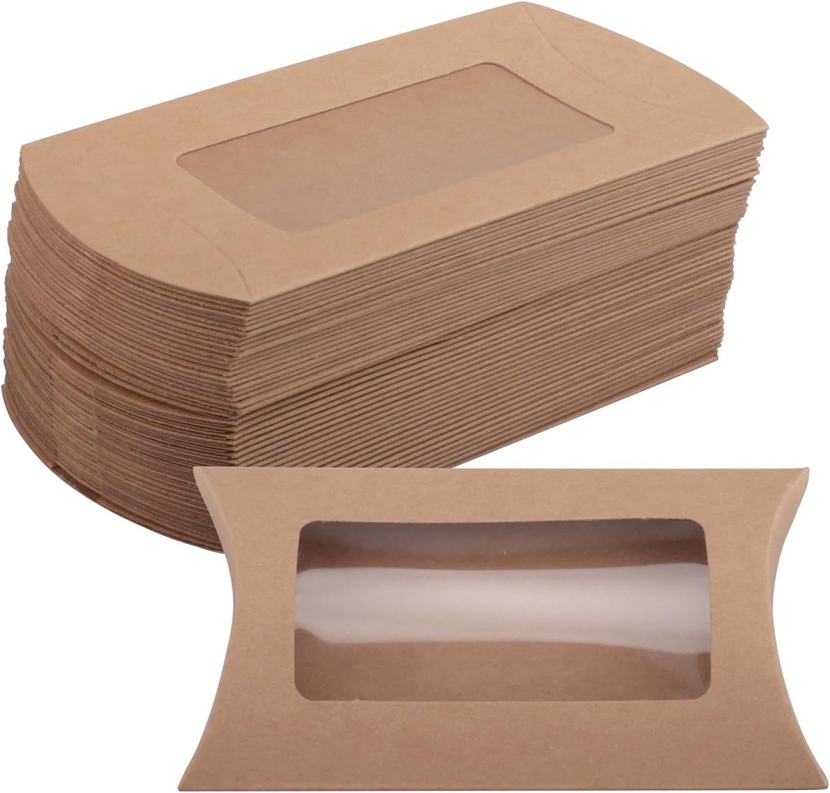 Set van 50 Kleine Vintage Cadeauboxen met Kussenvenster van Kraftpapier voor Bruiloft, Verjaardag en Feestdagen