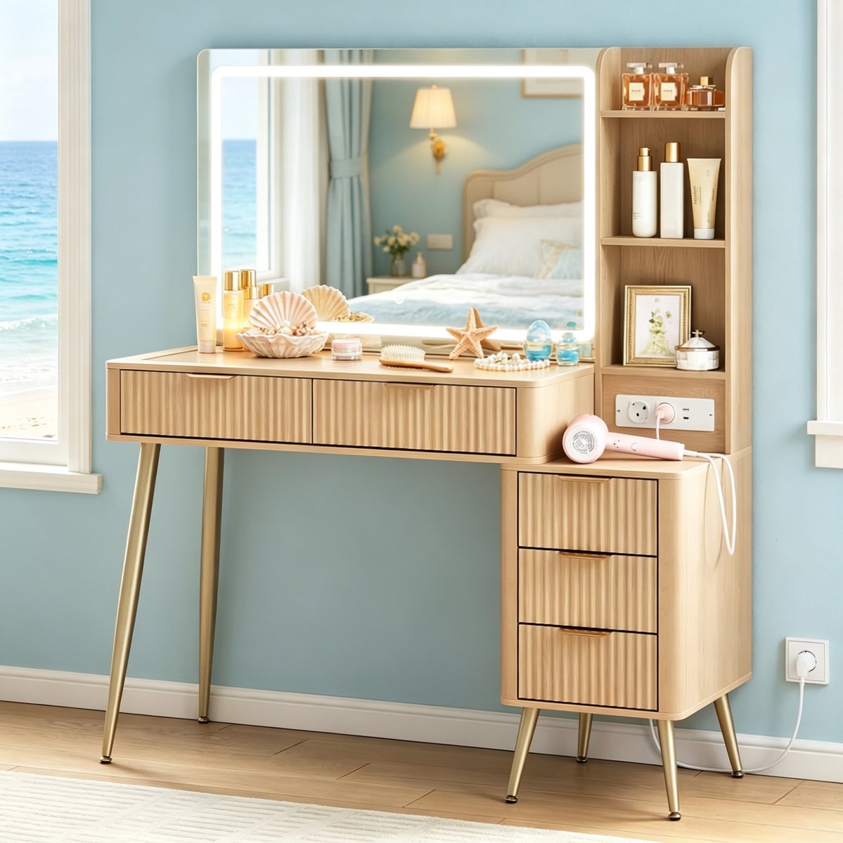 OKWISH Kaptafel – Met Grote Spiegel En Verstelbare Verlichting – 117 x 40 x 137 cm – 5 Lades En Open Vakken – Houtkleur