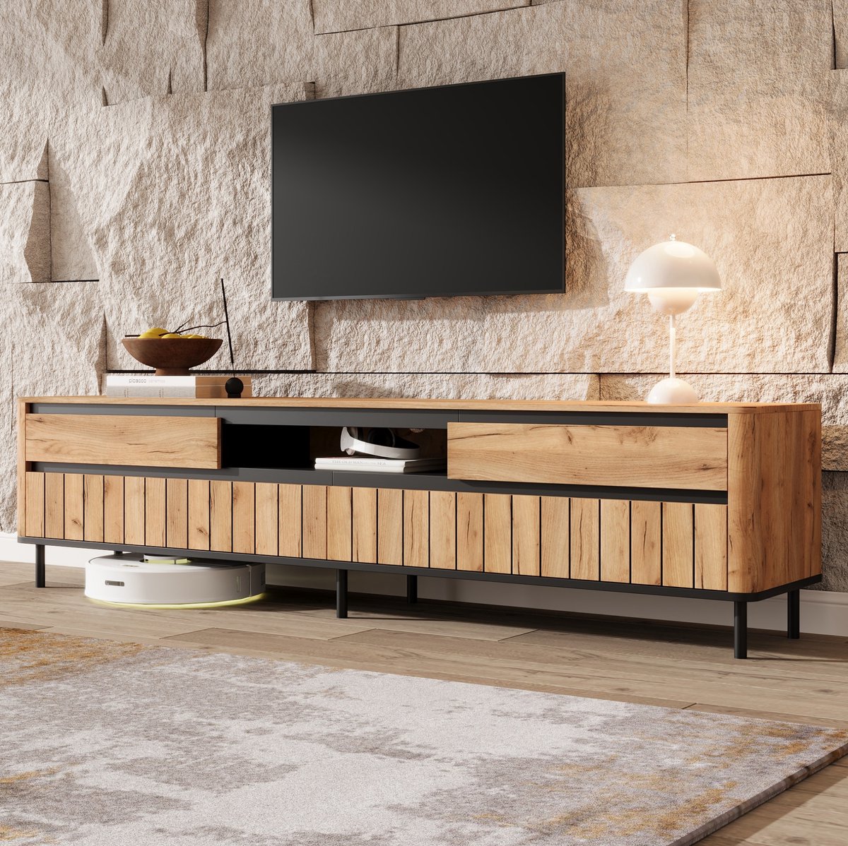 OKWISH Dressoir - Tv Meubel Lowboard 180x40x52 cm - 2 Lades En 2 Klepdeuren - Opbergruimte Voor Woonkamer - MDF Naturel En Zwart