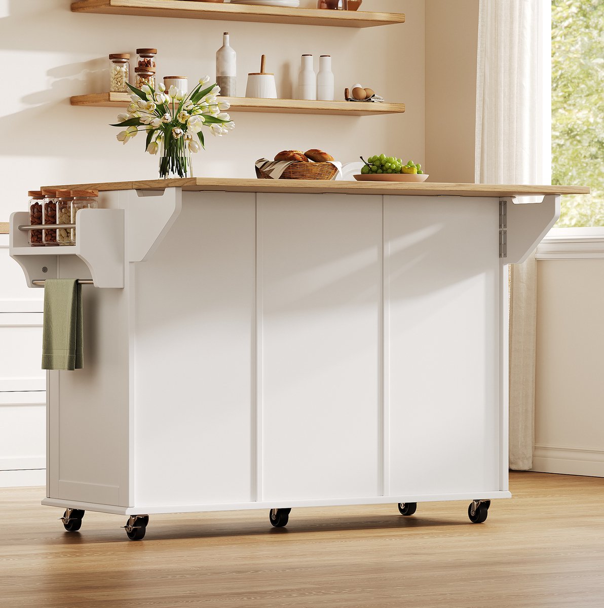 OKWISH Keukenkast - Keukeneiland Op Wielen Met Klapbaar Werkblad - 143 x 45 x 89,5 cm - 2 Lades 2 Deuren - MDF Wit Naturel