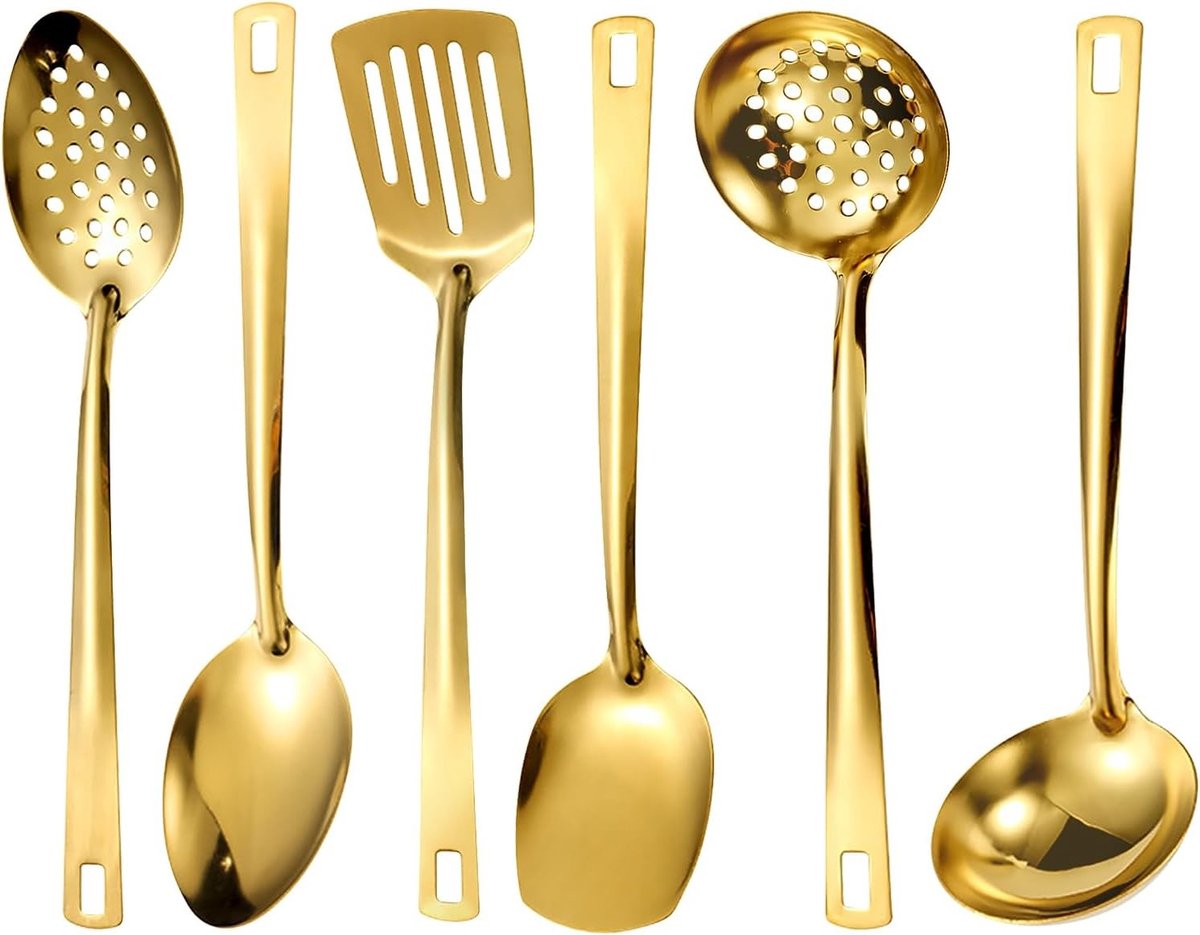 6-delige Gouden Bestekset van RVS - Keukenhulpmiddelen met Mes, Vork en Lepel voor Thuis, Restaurant en Feestjes