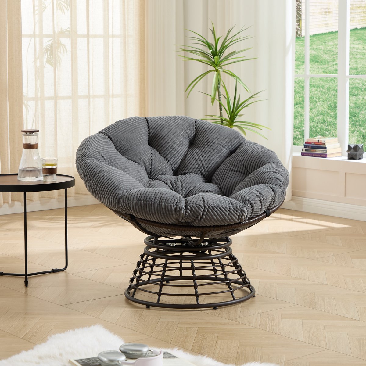 HAUSS SPOLE Fauteuil Papasan - 360 Graden Draaibaar En Ergonomisch - Voor Woonkamer Slaapkamer En Buiten - Rotan En Stof Grijs Bruin