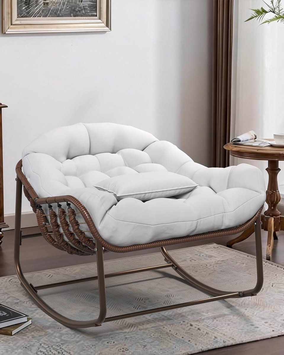 Grote Papasan Schommelstoel - Wit Wicker Ligstoel - Waterbestendig Kussen - Stevig Metaal Frame - voor Tuin, Balkon, Veranda