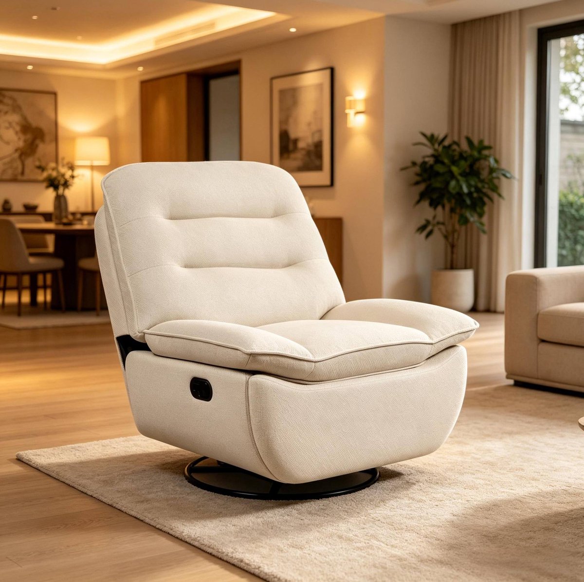 MIVRAY Relaxfauteuil 95 x 49,5 x 106 cm - Handmatig Verstelbaar Met 360° Draaifunctie En Schommelstand - Voor Woonkamer En Slaapkamer - Stof Beige