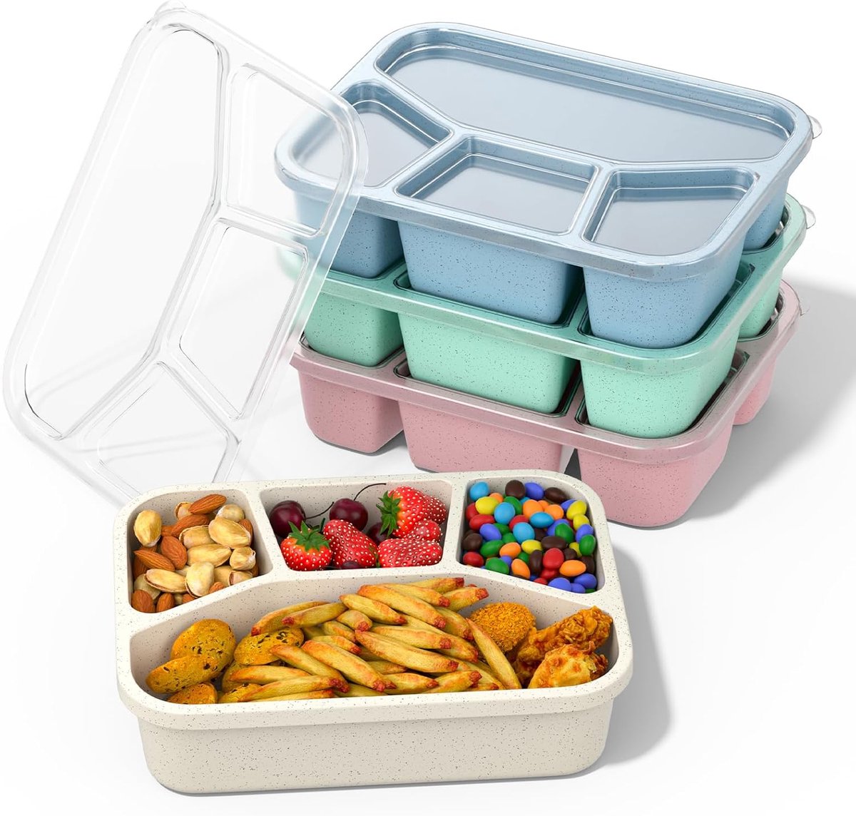 Volwassen Bento Lunchbox Set 4 Stuks - 4 Vakken Portiecontainer - Voedseldozen Met Doorzichtige Deksel - BPA-Vrij, Magnetronbestendig - Voor Volwassenen en Kinderen - Tarwe, Groen, Blauw, Roze, Beige