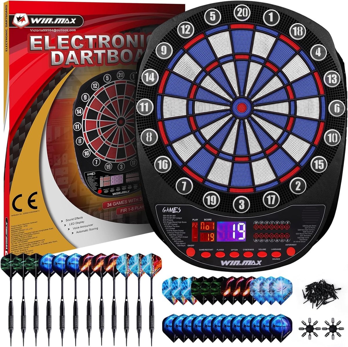 Professioneel elektronisch dartbord met 34 spellen, 354 varianten en 12 darts voor 1 tot 8 spelers in meerdere talen