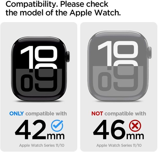 Vergelijking: 42mm Apple Watch Series 11/10 compatibel, 46mm niet compatibel.