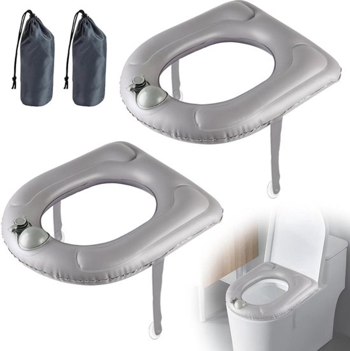 Opblaasbaar toiletzitkussen 2 stuks - verhoogde toiletbrilverhoging - grijs - stuitbeen pijnverlichting