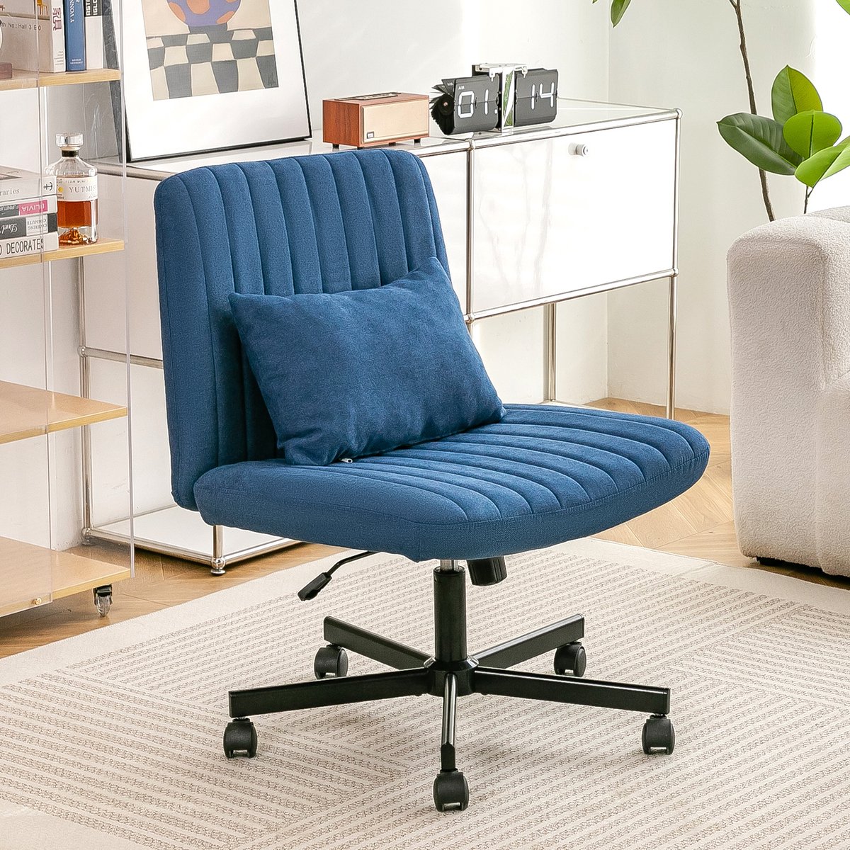 MODENUIT Bureaustoel 67 cm - Verstelbare Hoogte, Draaibaar En Kantelbare Rugleuning - Home Office En Woonkamer - Stof - Blauw