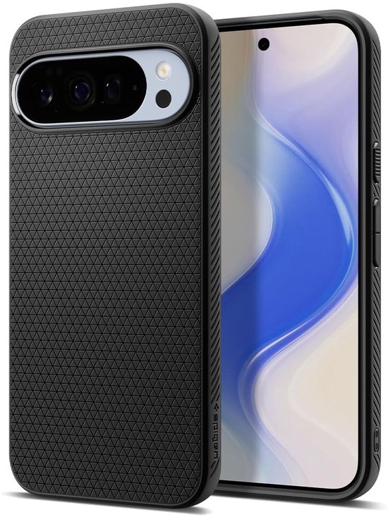 Zwarte telefoonhoes met driehoekig patroon omringt een telefoon met een gestileerd scherm.