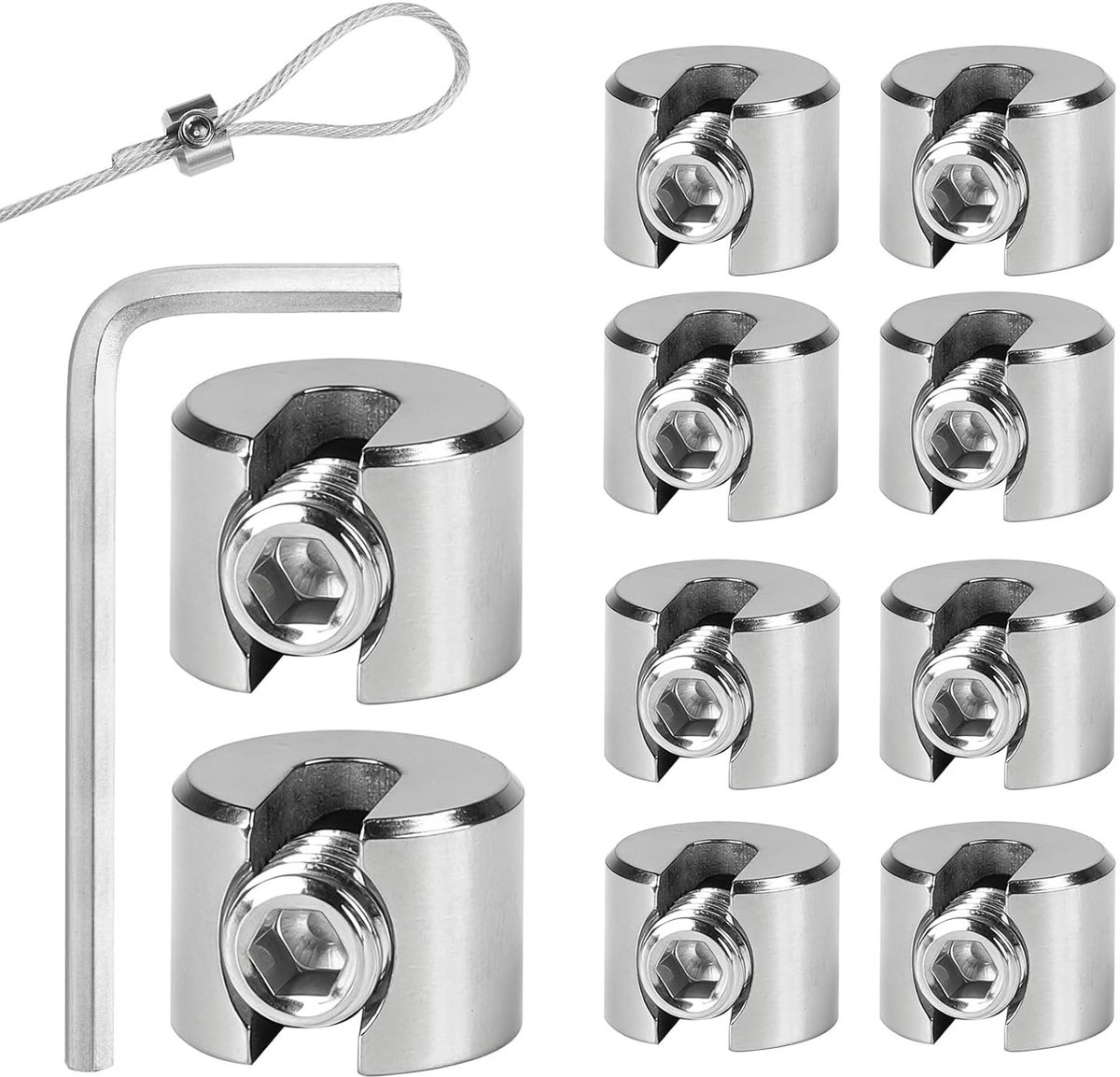 Set van 10 RVS Draadklemmen 6 mm M10 voor Bevestigen van Stalen Kabels en Draad, Inclusief Sleutel