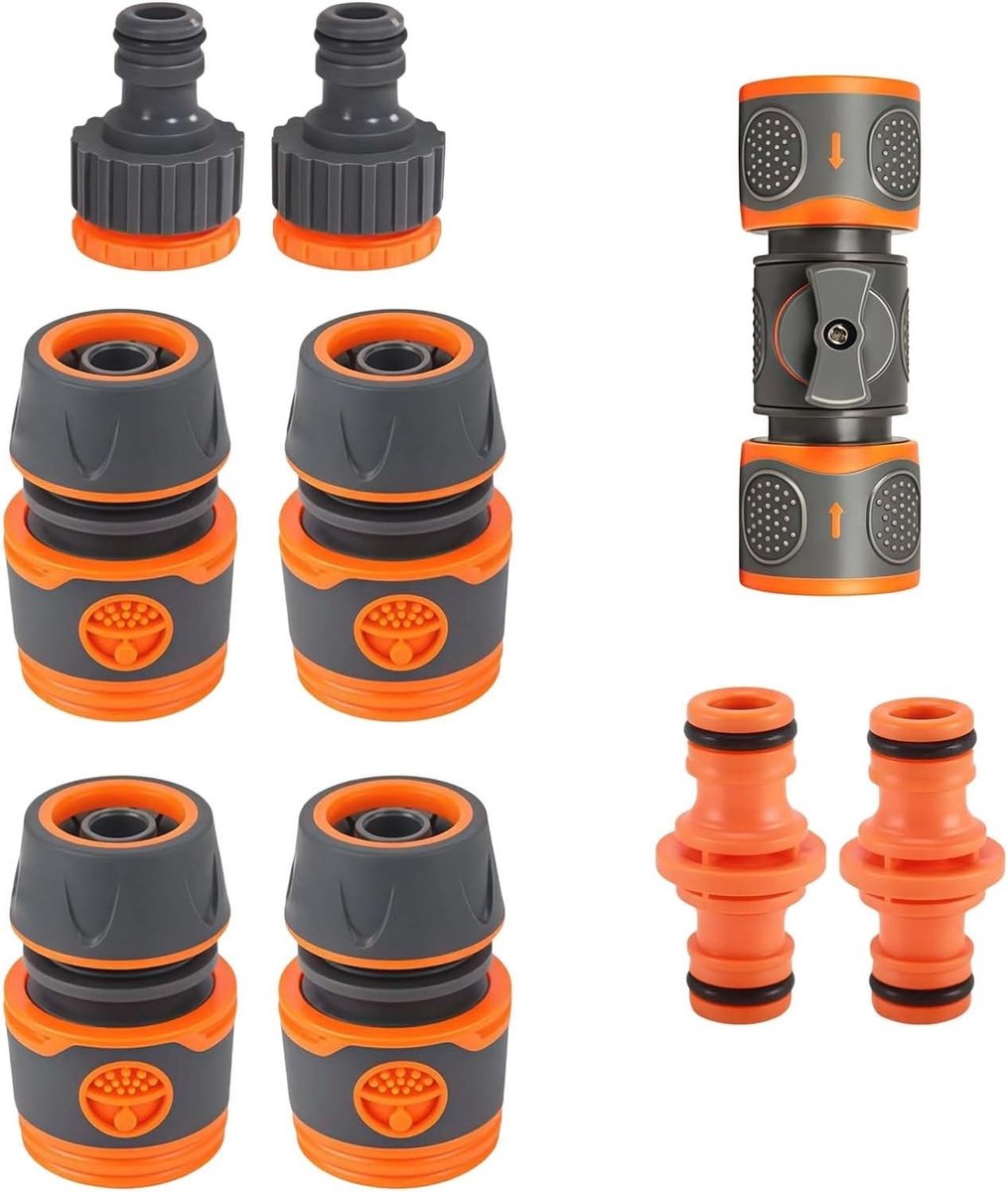9 stuks slangverbinders 1/2 inch, premium tuinslangaansluiting met afsluitventiel, lekvrije slangkoppeling voor tuin, autowassen en irrigatie, grijs/oranje, duurzaam en eenvoudig te installeren