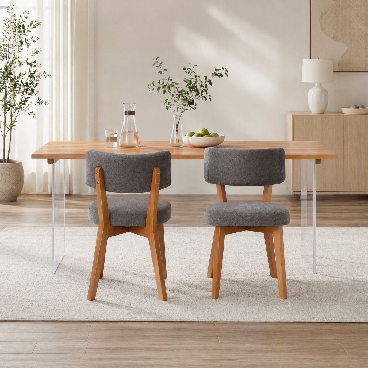 FloraGrace Eetkamerstoel – Ergonomische Gepolsterde Zitting En Rugleuning – Set Van 2 – Stof En Hout – Voor Eetkamer, Woonkamer Of Kantoor – Grijs