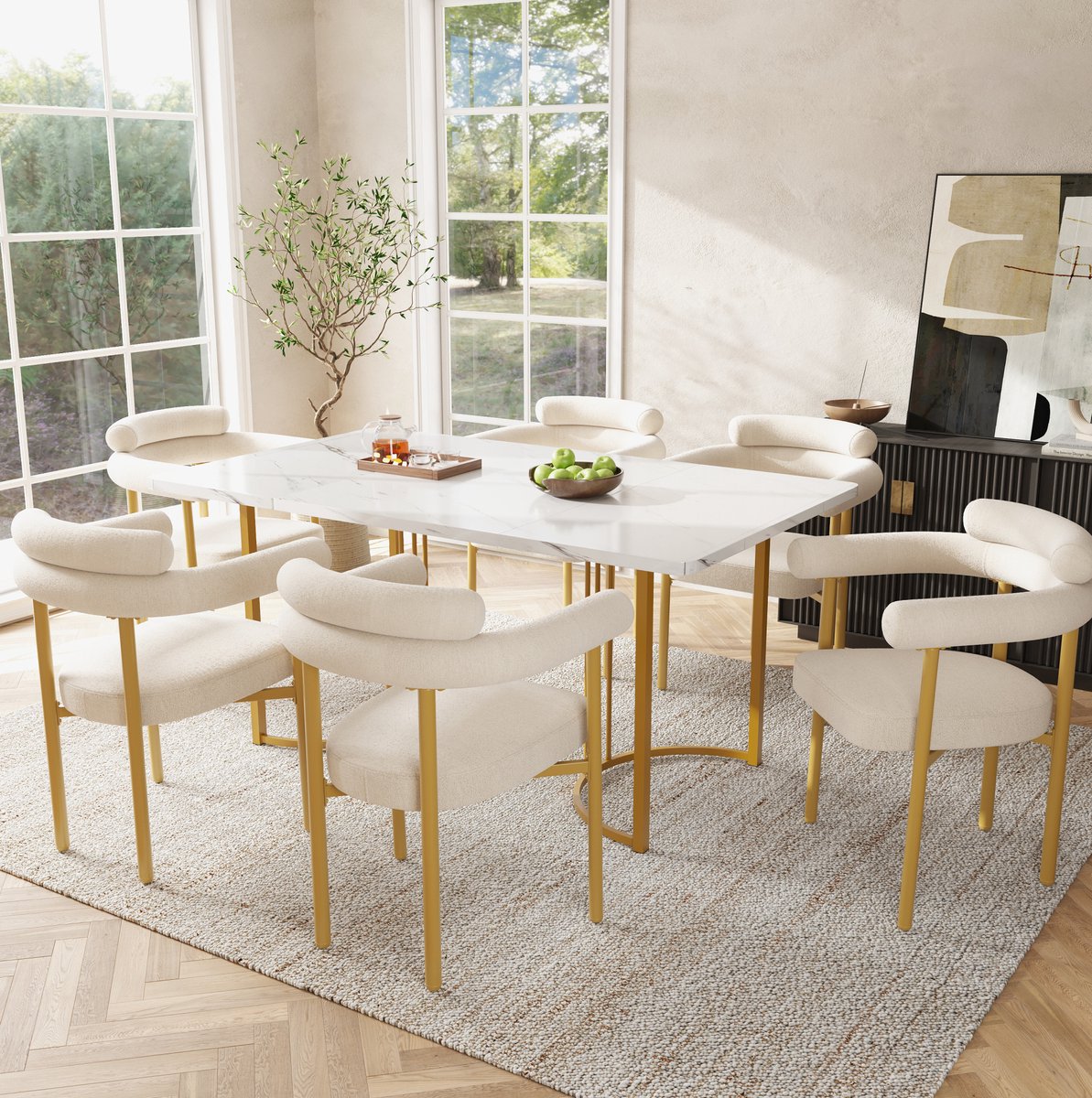 FloraGrace Eetkamerstoel – Ergonomisch Kuipdesign – Set Van 6 – Stof En Metalen Onderstel – Beige En Goud – Voor Eetkamer Woonkamer En Werkkamer