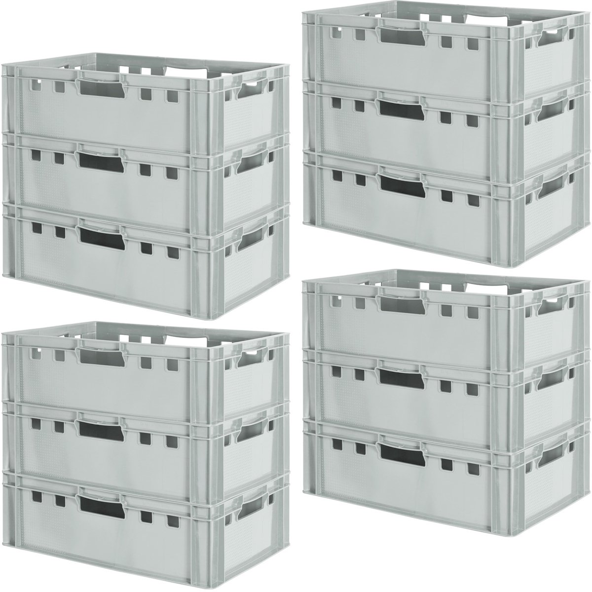 12 E2 vleeskratten, voedselveilige Euroboxen, slagerskratten, opbergdozen, plastic trays, stapelbare opbergkratten, 60 x 40 cm, grijs, Kingpower