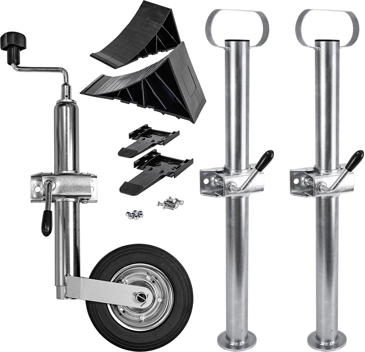 Trucky set: neuswiel voor aanhanger + 2x aanhangersteunen + 2x wielblokken + houder voor neuswiel + wielklem + wielkeg