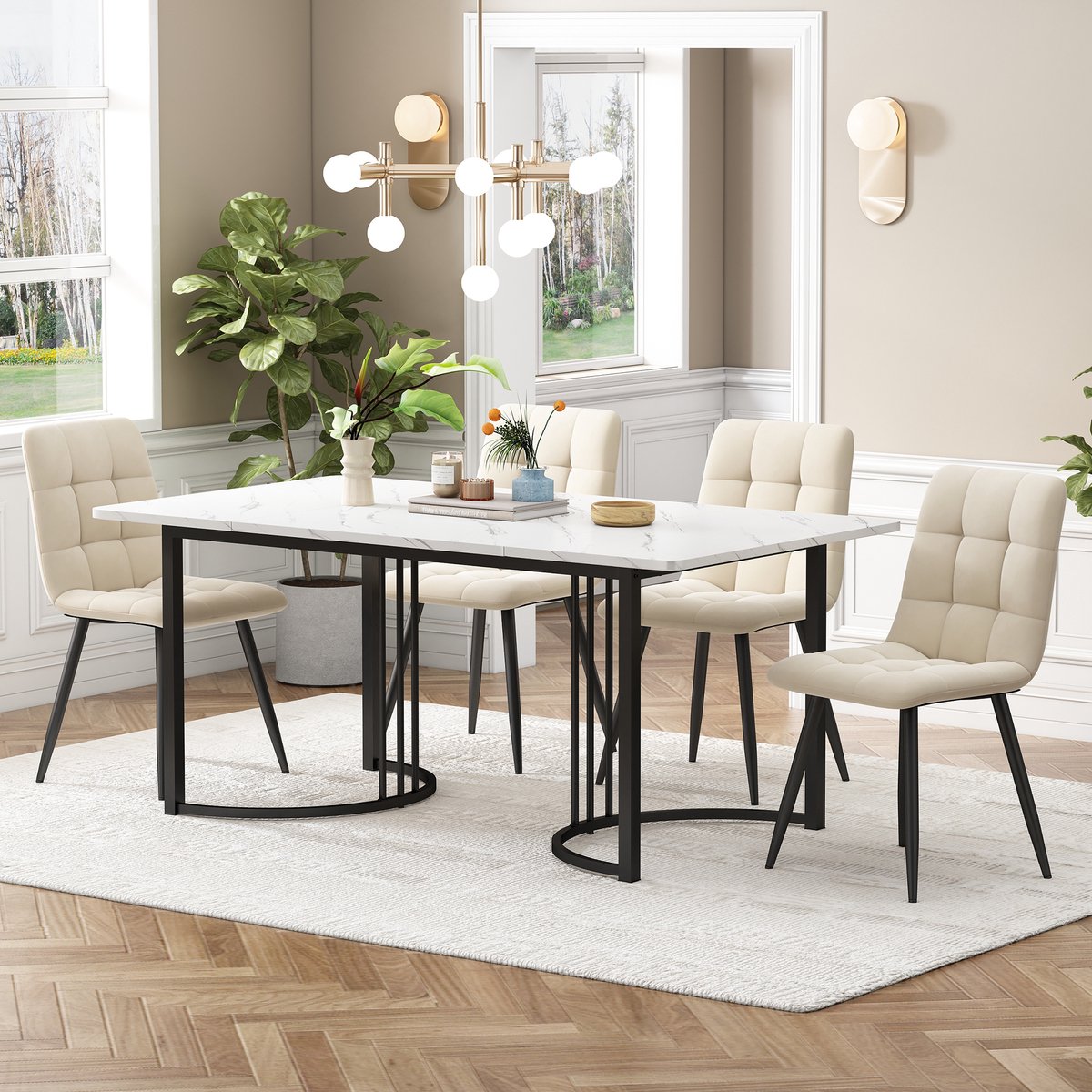 DESMIU Set Tafel En Stoelen 140 x 80 cm - 5-Delige Eethoek Met 4 Fluwelen Stoelen En Marmereffect Tafelblad - Metaal Wit Beige Zwart