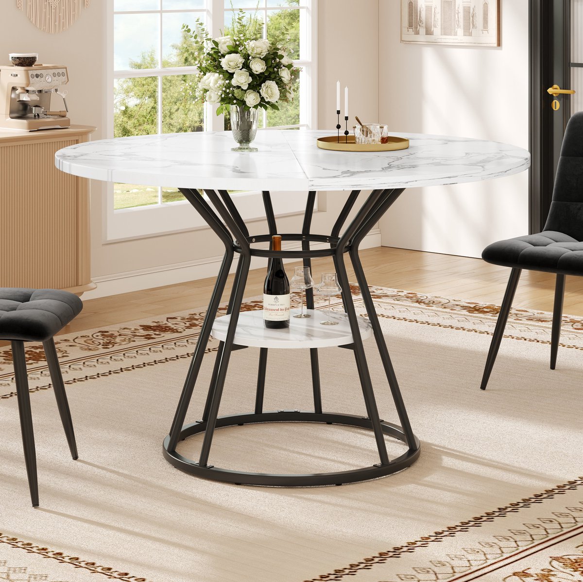 DESMIU Set Tafel En Stoelen 100 x 100 x 76 cm - Ronde Eettafel Met 4 Fluwelen Stoelen En Opbergplank - Voor Eetkamer - MDF Metaal Zwart