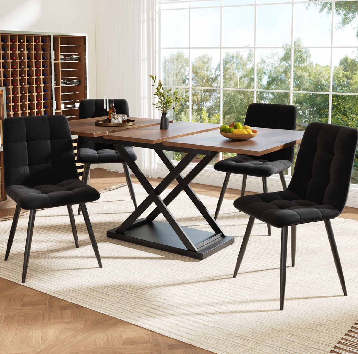DESMIU Set Tafel En Stoelen 120-160x80x75 Cm - Uittrekbare Eettafel Met 4 Fluwelen Stoelen