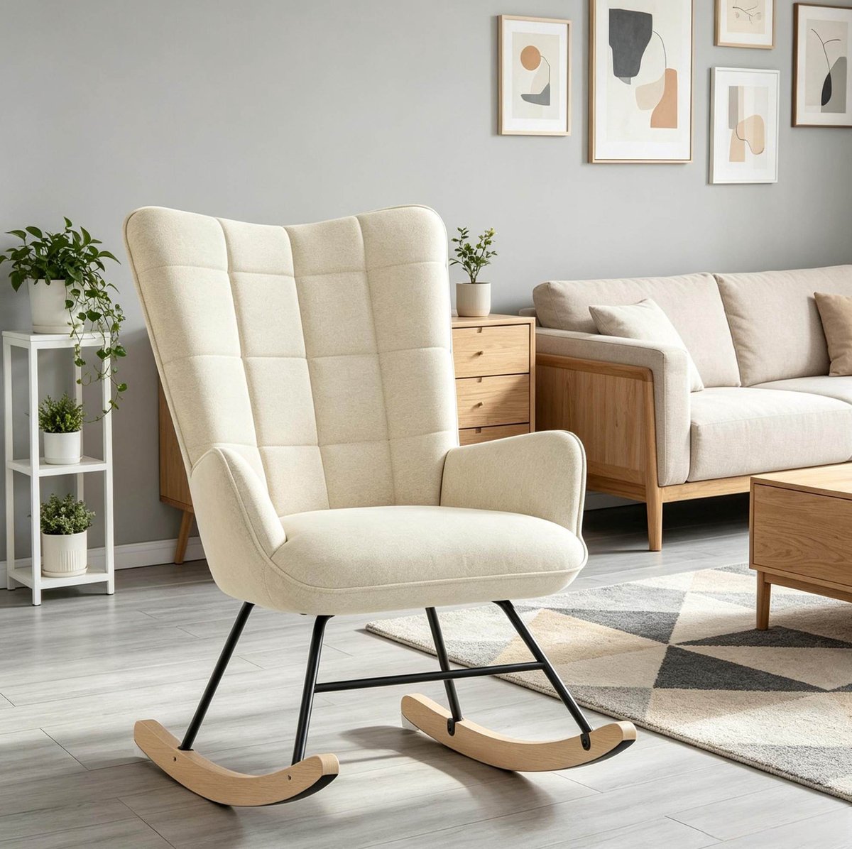 FloraGrace Schommelstoel – Ergonomische Fauteuil met Hoge Rugleuning – Met Armleuningen en Zachte Zitting – Voor Woonkamer en Leeshoek – Velours – Beige