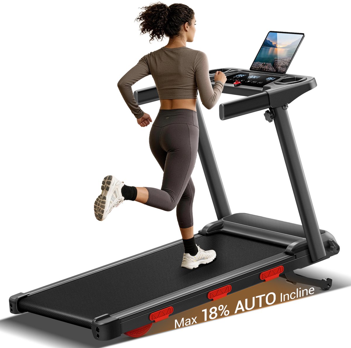 ROBORE SF60 automatische hellings loopband 0-18 %, inklapbaar onderbureau treadmill 1-12 km/h, stille 3,0 PK borstelloze motor onder 45 dB, max 160 kg draaggewicht, driedelig LED-scherm met beker- en tablethouder voor thuis & kantoor
