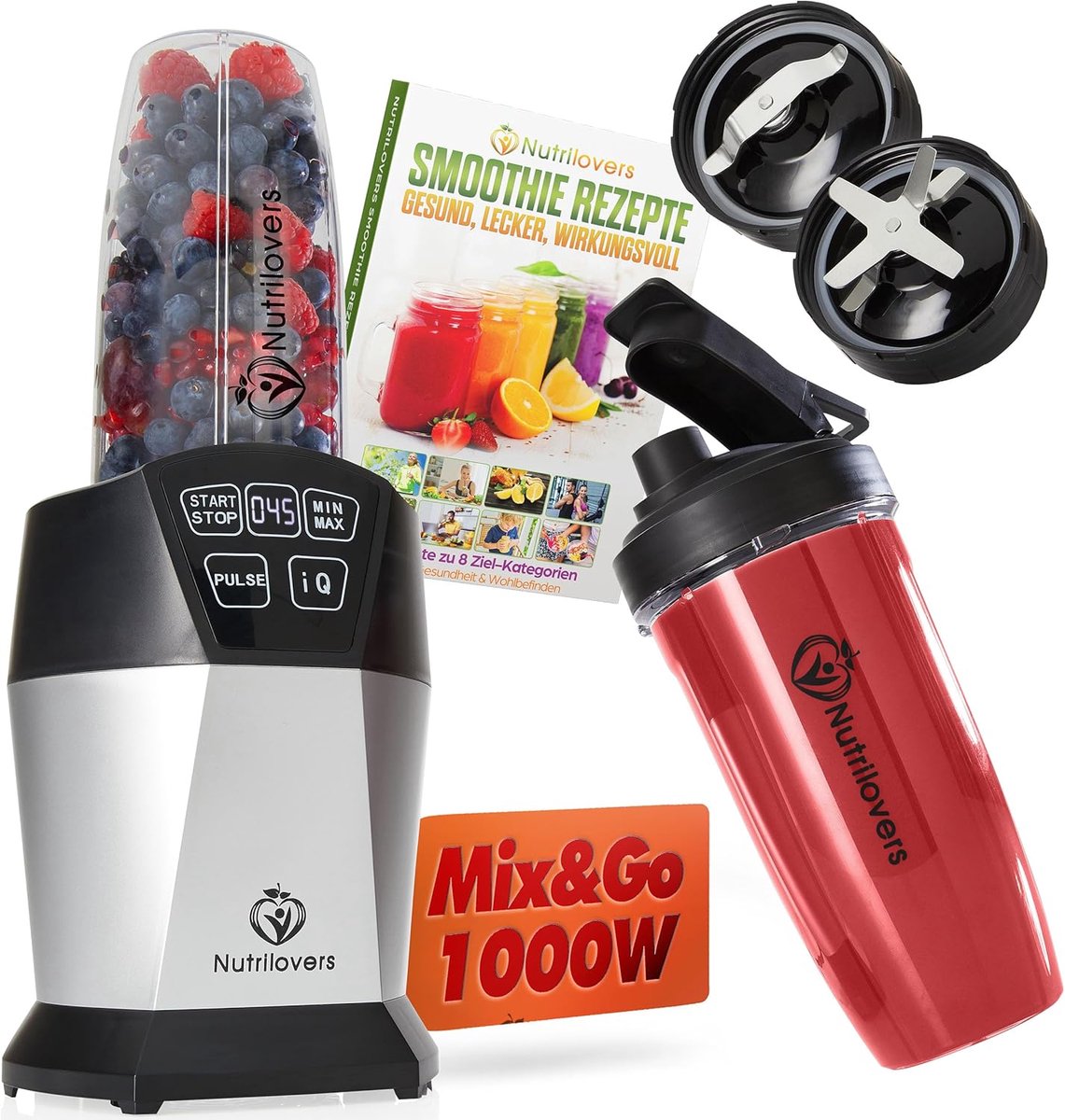 SnelShoppen - Smoothie Maker To Go 1000 Watt Mixer met Auto-IQ, BPA-vrij, Inclusief Receptenboek, 2 Bekers, Mes en Deksel voor Smoothies, Sappen, en D