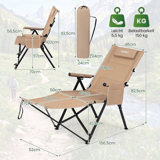 COSTWAY Campingstoel met voetensteun, inklapbare ligstoel (kaki) - 4-voudig verstelbare rugleuning, hoofdsteun en zijvak, tuinstoel, strandstoel, klapstoel voor kamperen van Costway — afbeelding 4