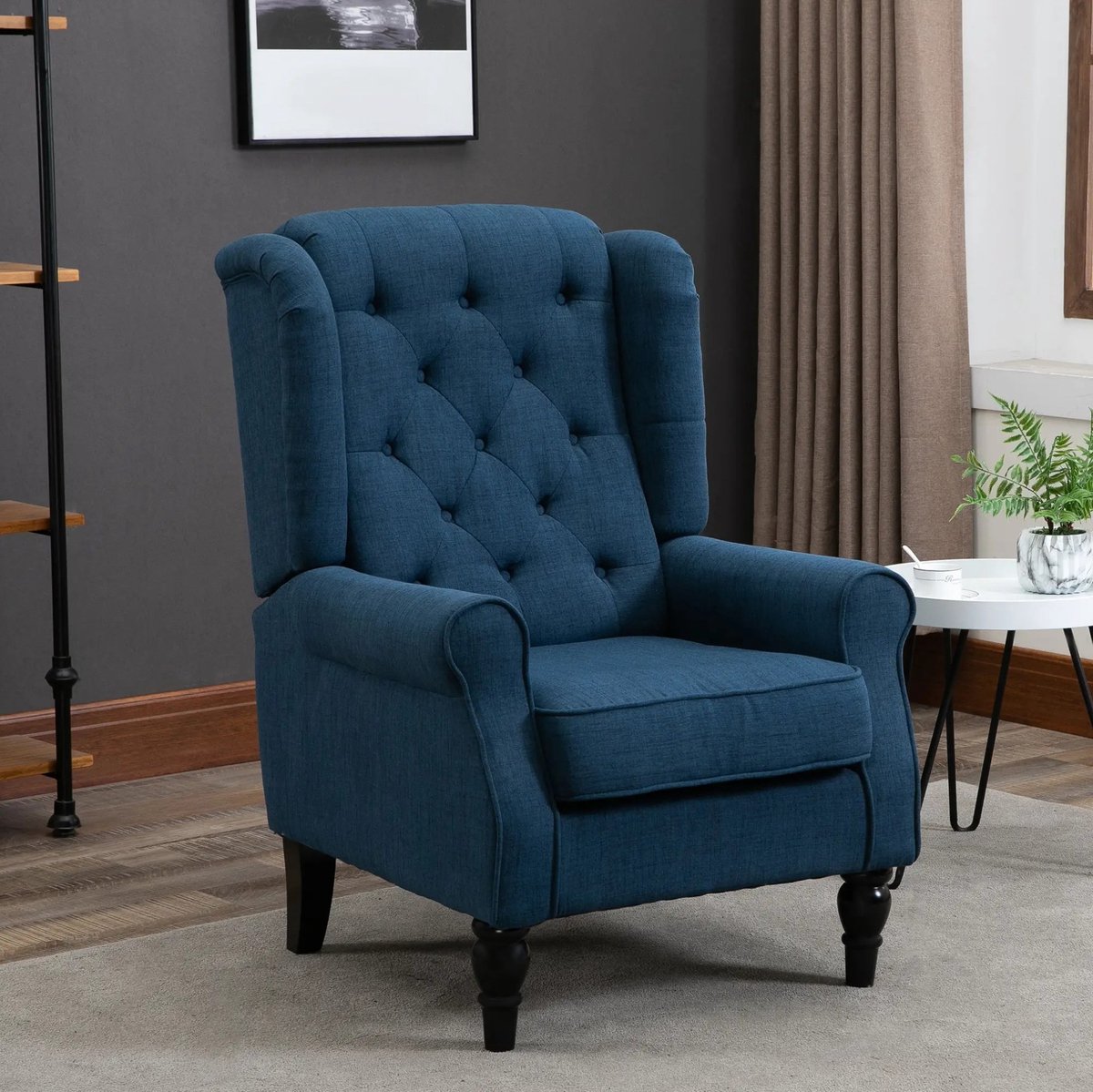 FloraGrace Fauteuil 74 x 86 x 102 Cm - Hoge Rugleuning Met Knopen - Voor Woonkamer Of Slaapkamer - Polyester En Houten Poten - Blauw