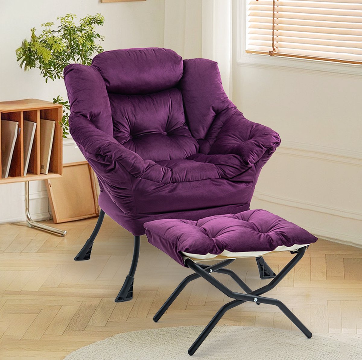 MIVRAY Fauteuil 95 x 81 cm - Zachte Velours Relaxstoel Met Inklapbare Hocker En Armleuningen - Voor Woonkamer En Slaapkamer - Metaal - Paars