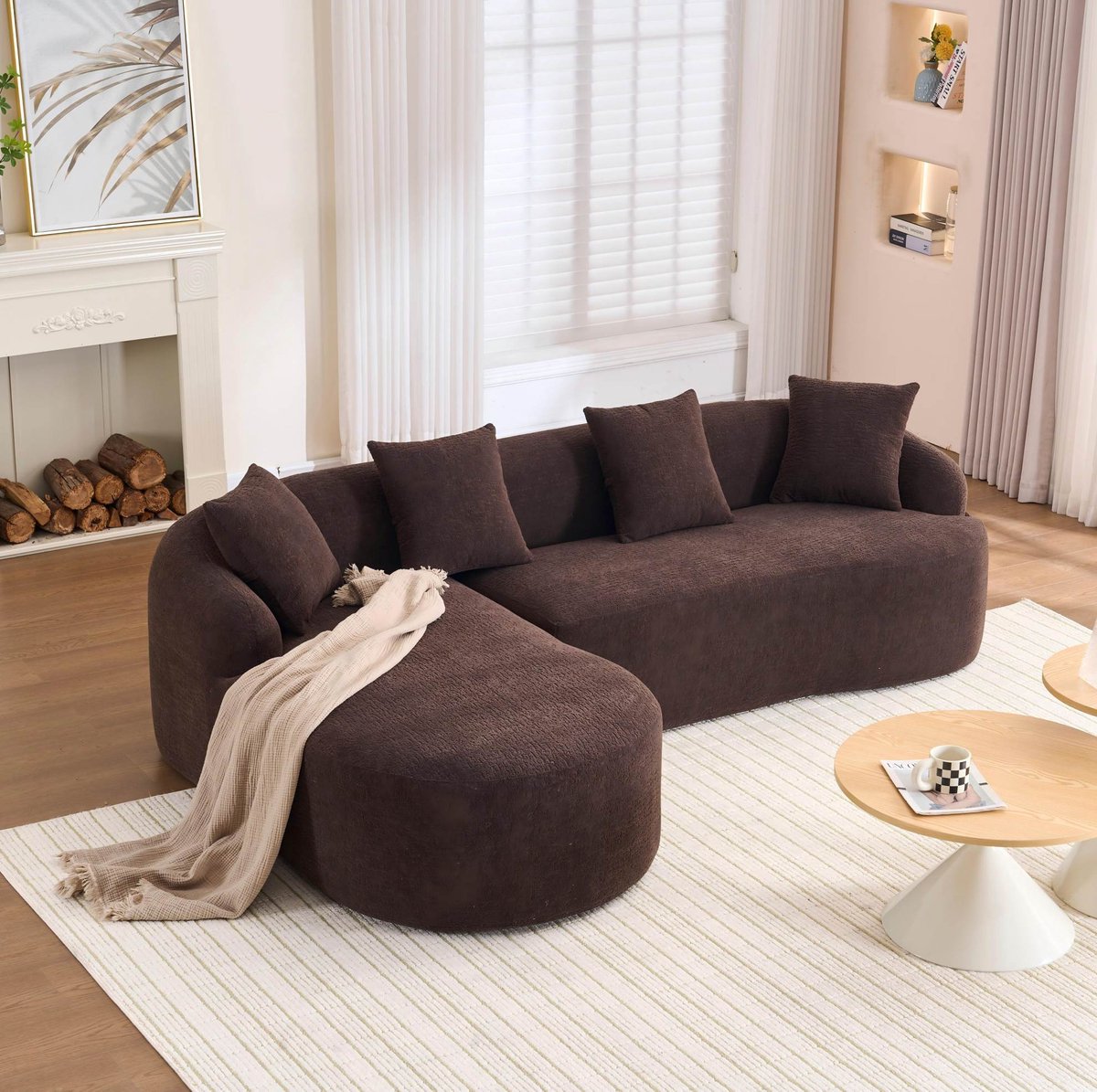MIVRAY Hoekbank 243 x 150 cm - Gebogen Design Met Linker Chaise Longue En Zachte Kussens - Voor Woonkamer Appartement En Kantoor - Chenille Bruin