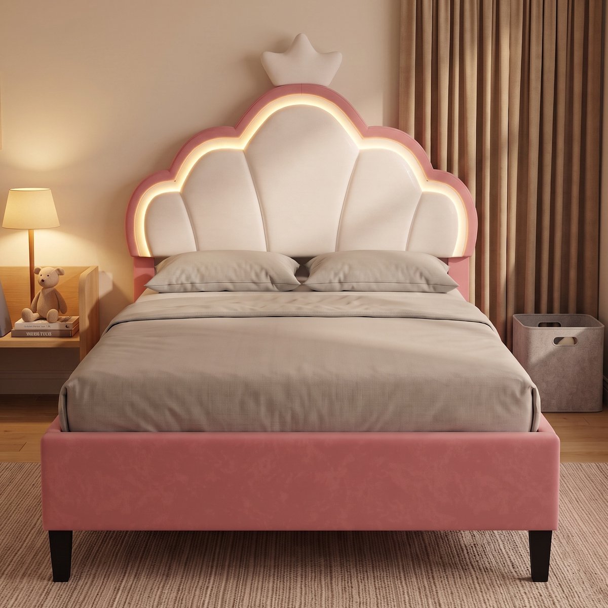 Gestoffeerd Eenpersoonsbed 90x200 cm - Kinderbed met LED-verlichting en verstelbaar hoofdbord - fluwelen bed - roze en wit