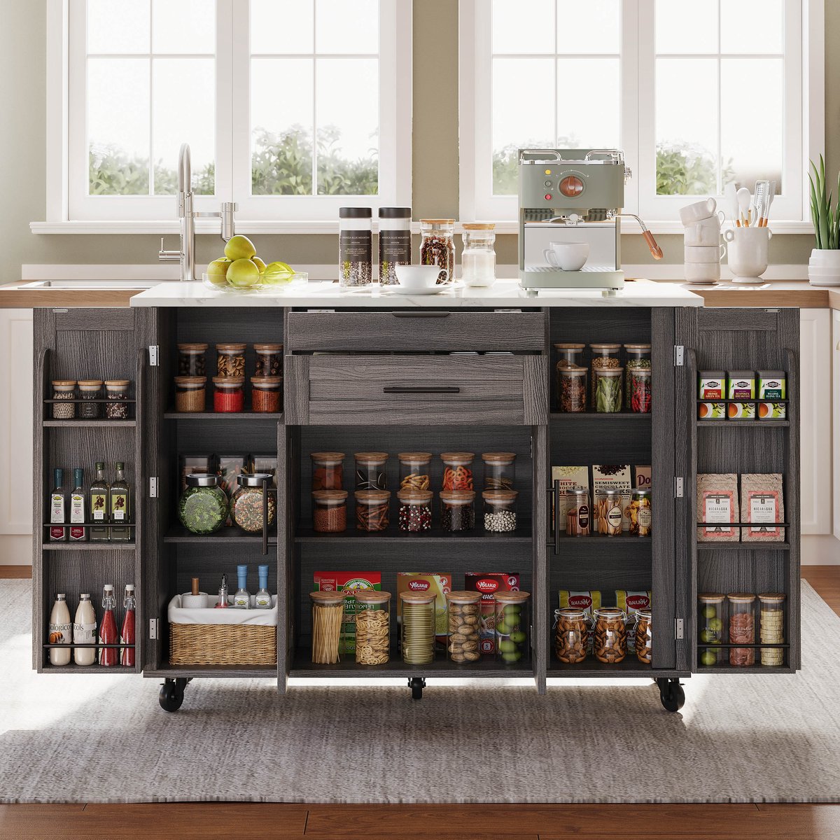 COVREO Keukenkast 136 x 70 x 92 cm - mobiel, met uitschuifbaar werkblad, lades en opbergruimte