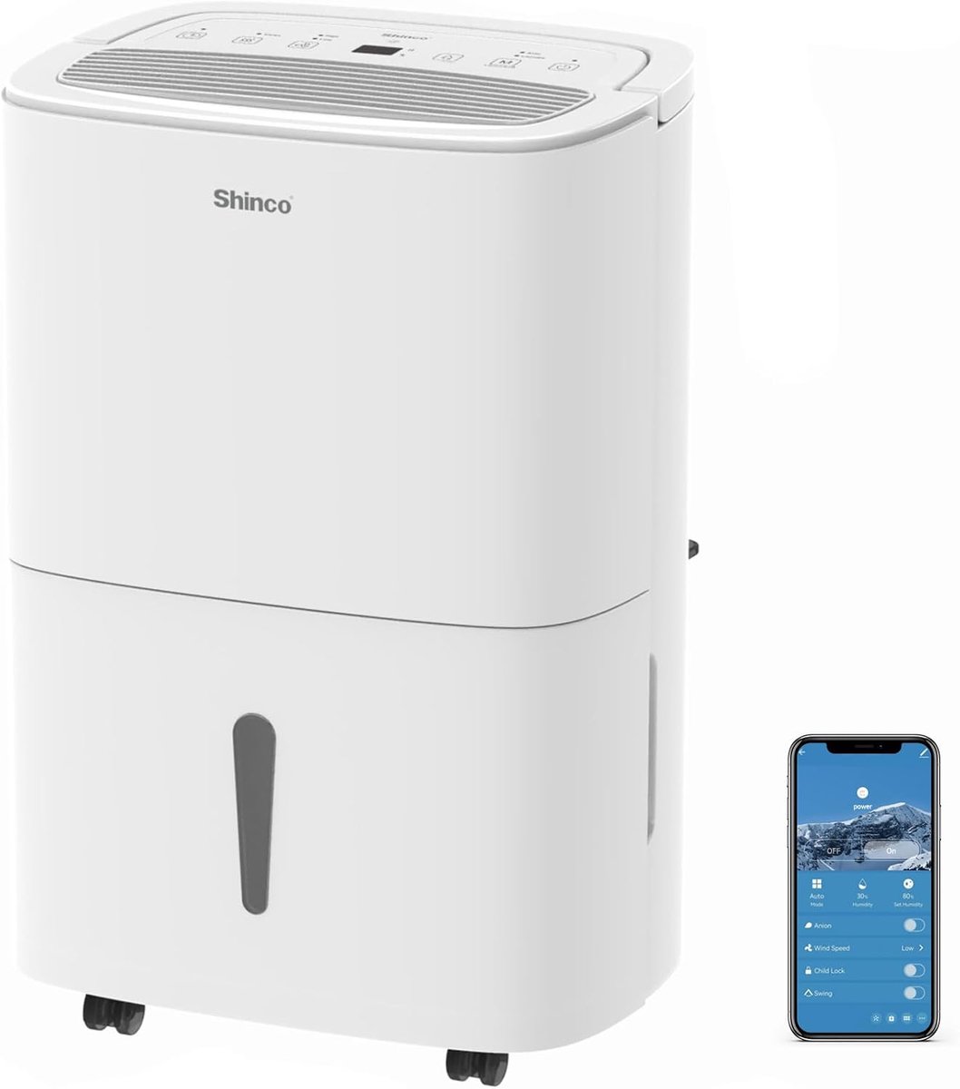 SHINCO Draagbare luchtontvochtiger met wifi/app-bediening (30 l/dag), luchtreiniger met actief-koolfilter, automatische ontvochtiging, 24-uurs timer, continue afvoer, wasdroogfunctie