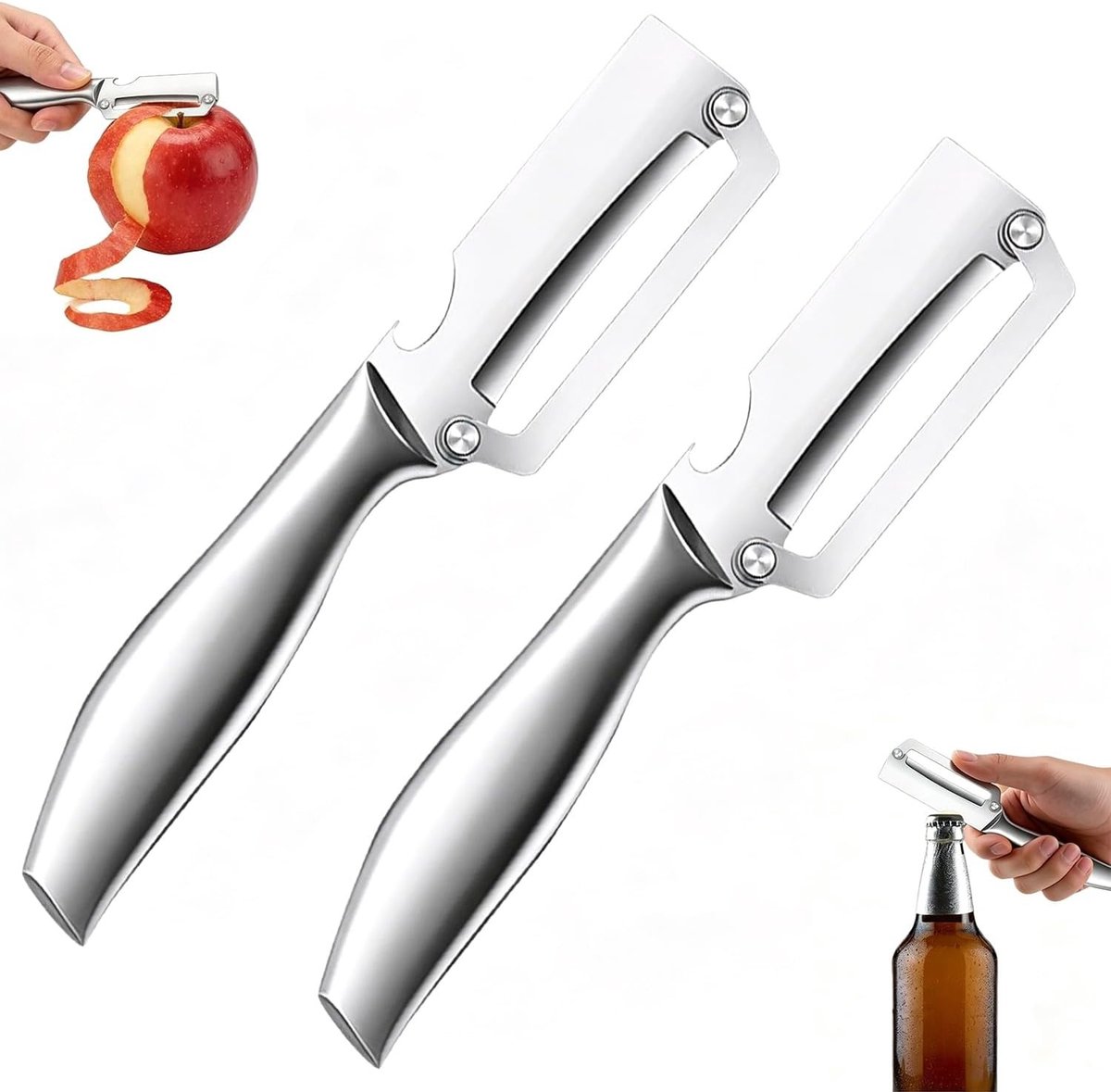 Set van 2 Rvs Schillers - Multifunctionele Groente- en Fruitenschiller met Flessenopener en Aardappelschiller voor de Keuken, Ideaal voor Pompoen en Asperges