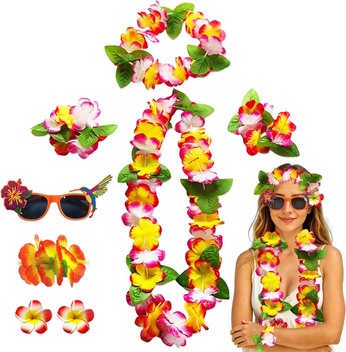 8-delige Hawaïaanse Kostuumset met Collier, Bracelets, Zonnebril en Bloemenaccessoires voor Luau, Carnaval en Strandfeest