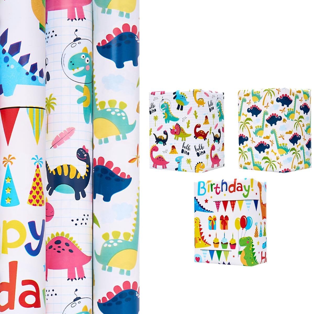Verjaardagscadeau inpakpapier met dierenpatroon - 3 rollen van 43 cm x 3 m voor kinderen, feestelijk en kleurrijk inpakmateriaal