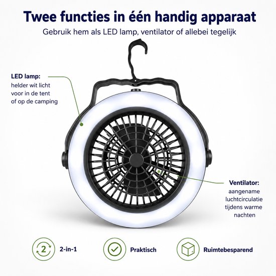 2-in-1 Campinglamp met Ventilator - Ophangbare Tentlamp en Plafondventilator - Werkt op 3x AA Batterijen - LED Licht — afbeelding 2